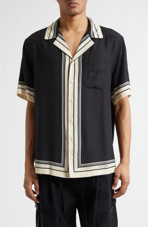 Engineered Stripe Print Short Sleeve Silk Button-Up Shirt