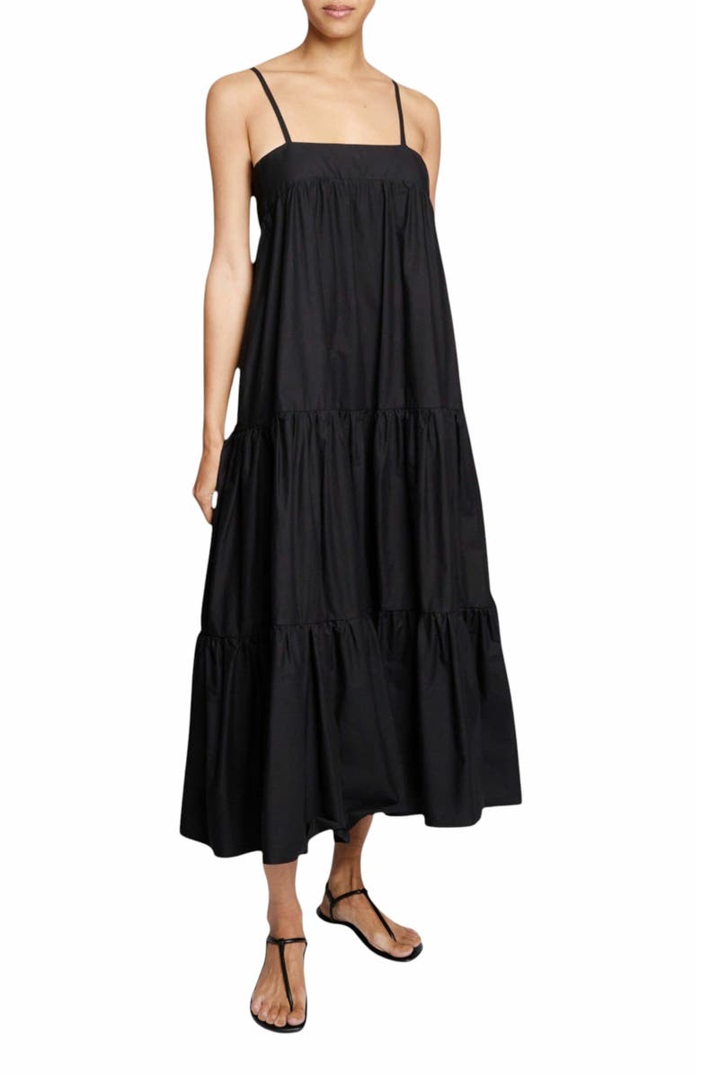 Santorelli ITZEL Sleeveless Multi-Tier Midi Dress with Shoulder Straps and Side Pockets in Cotton Poplin, Alternate, color, Black