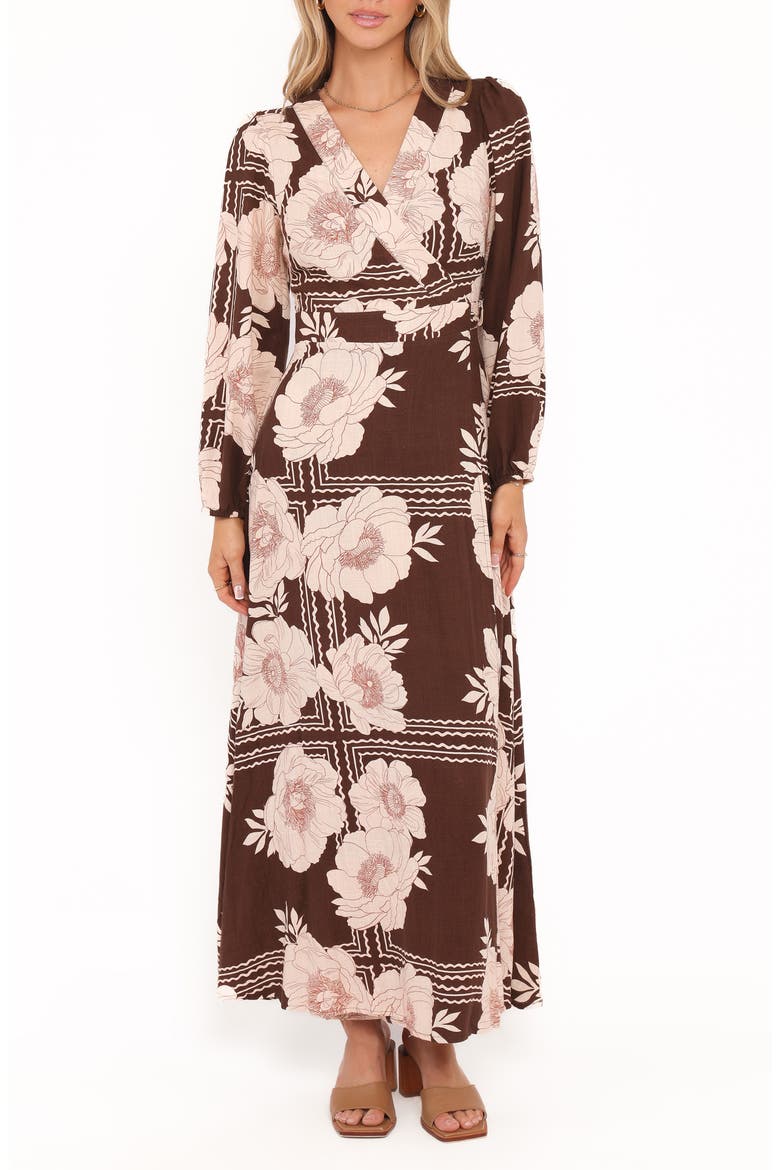 Safia Faux Wrap Midi Dress, Main, color, BROWN FLORAL