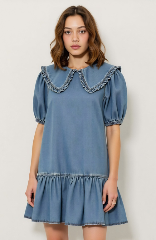 Modenaire Ruffled Collar Dress With Puff Sleeves And Tiered Hem In Blue