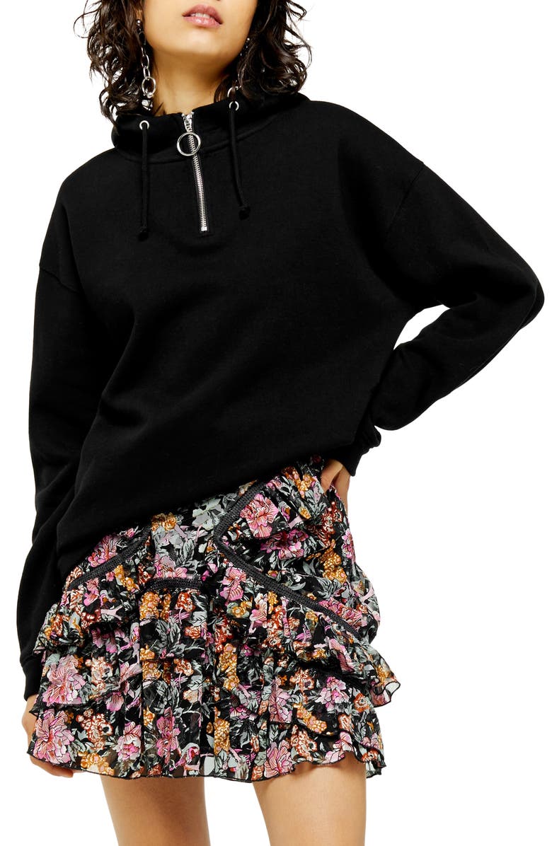 Topshop Quarter-Zip Hooded Sweatshirt, Main, color, 