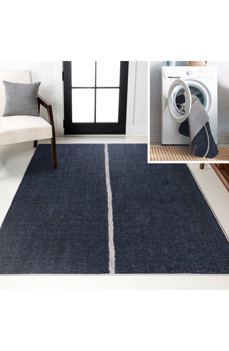 JONATHAN Y Linja Solid Centre Stripe Machine-Washable Area Rug, Main, color, Navy/Gray