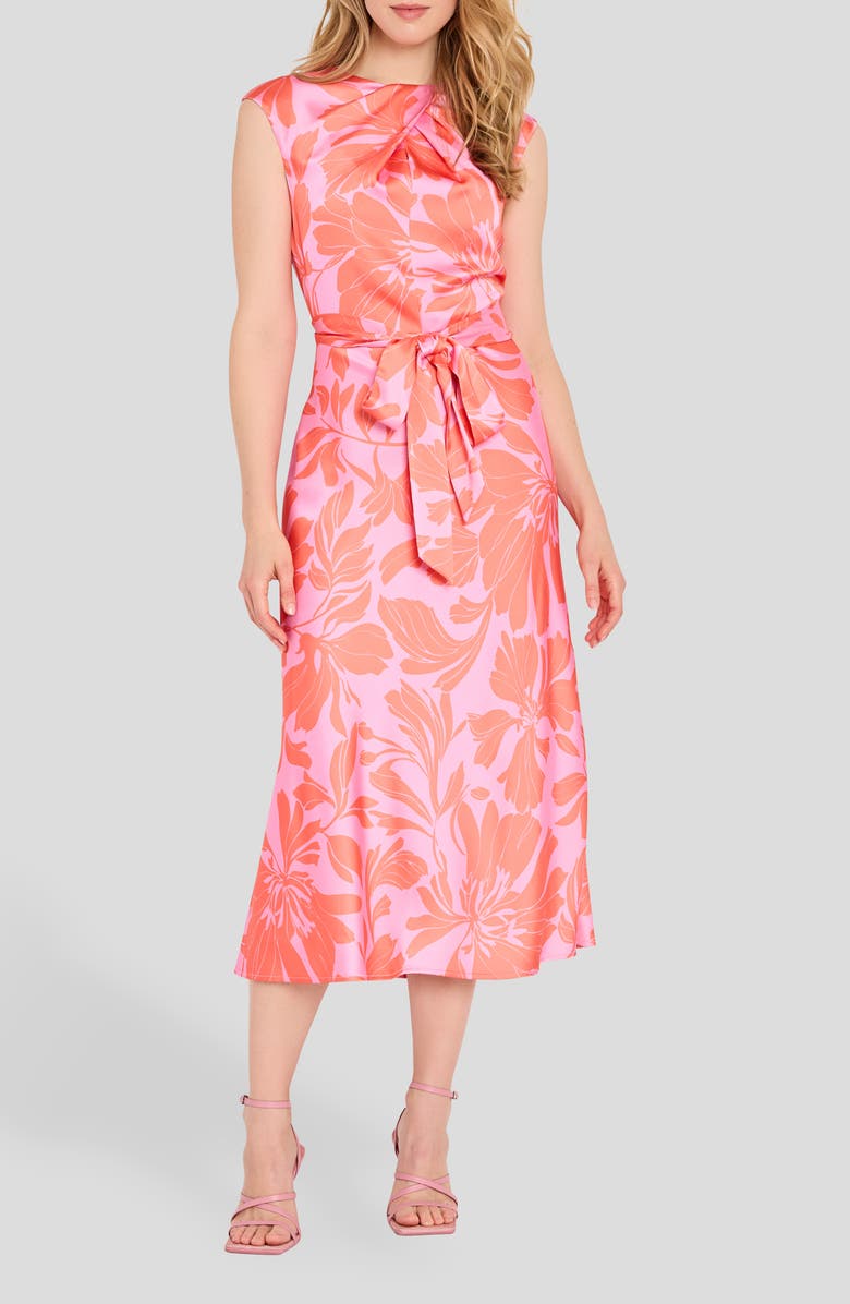 Tahari ASL Floral Cross Neck Sleeveless Midi Dress, Main, color, Guava Flamingo