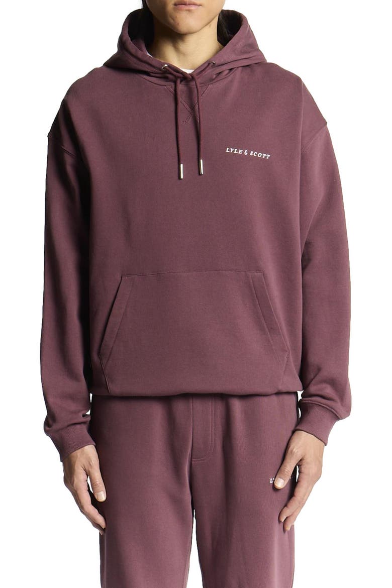 Script Brushback Pullover Hoodie, Alternate, color, Dusky Maroon