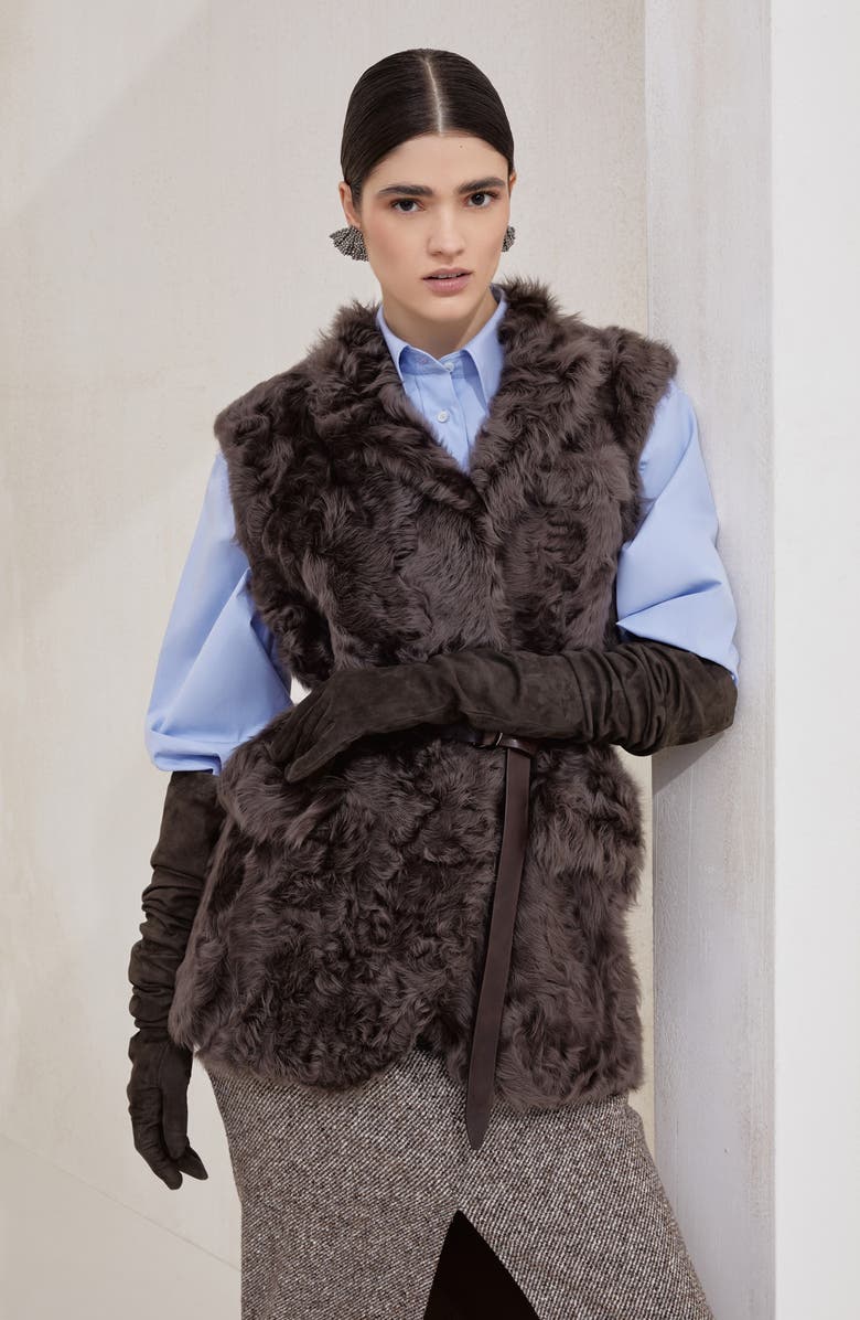 Brunello Cucinelli Wavy shearling vest, Alternate, color, Rust Brown