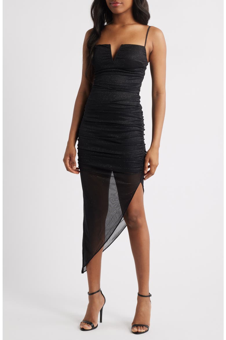 Glitter Asymmetric Hem Mesh Cocktail Dress, Main, color, BLACK