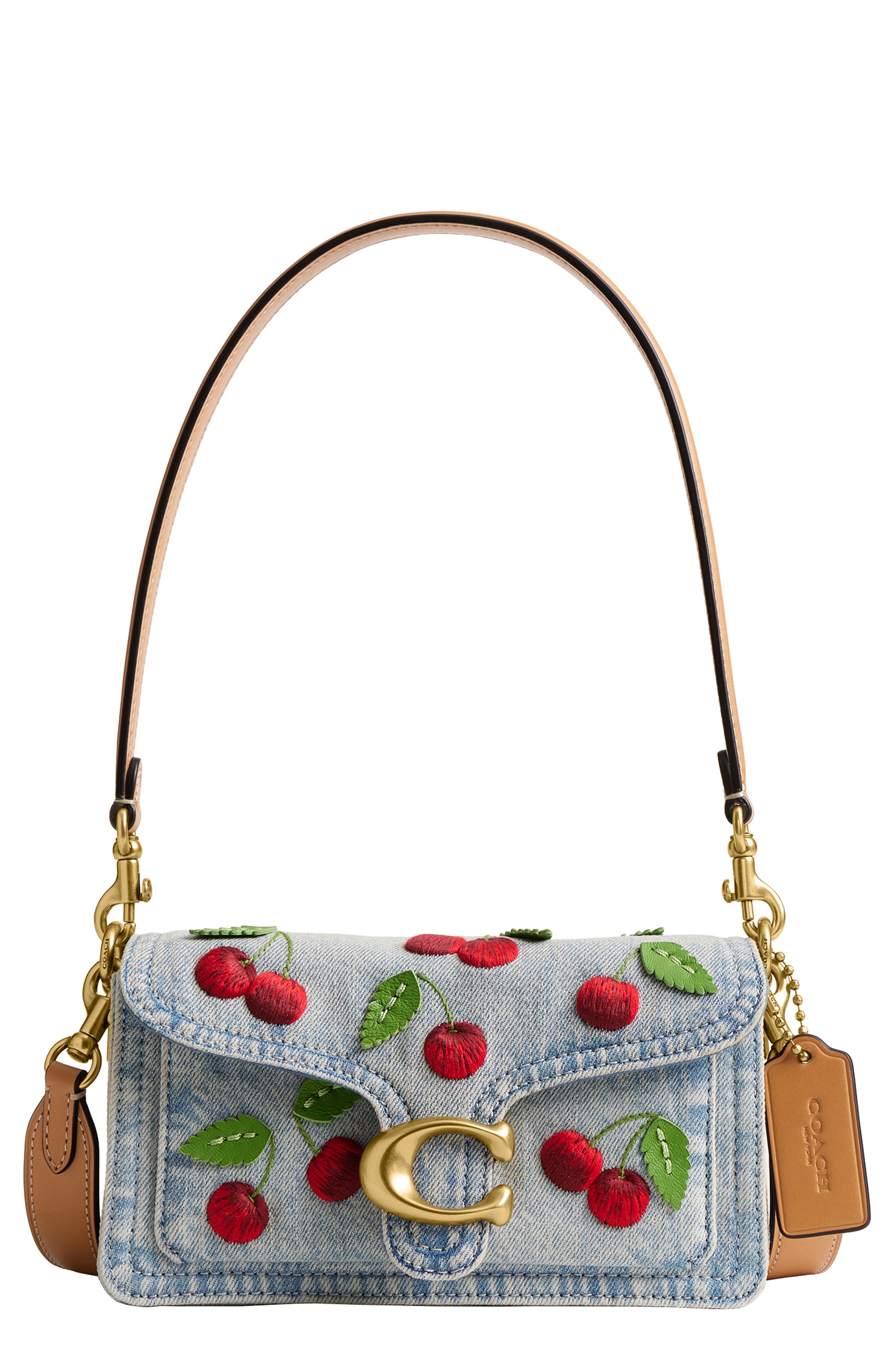 COACH Tabby 20 Cherry Embroidered Denim Shoulder Bag, Main, color, Denim Multi