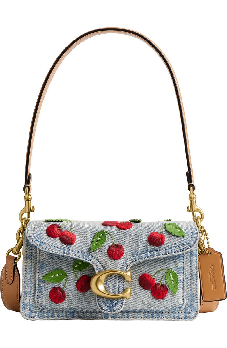 COACH Tabby 20 Cherry Embroidered Denim Shoulder Bag, Main, color, Denim Multi