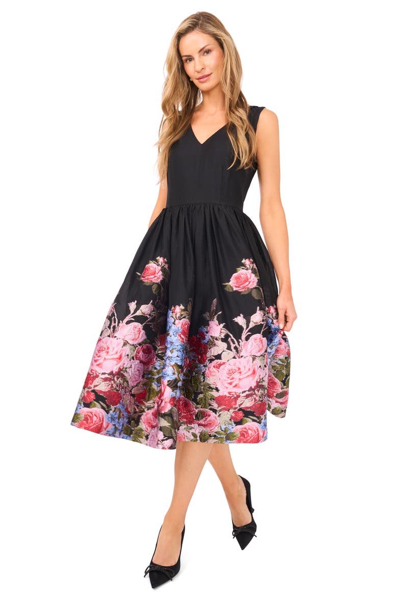 Placed Floral Sleeveless Jacquard Midi Dress, Alternate, color, RICH BLACK