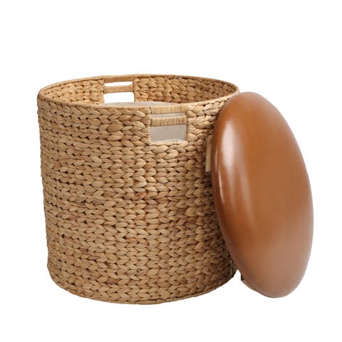 Josie 18" Modern Coastal Hand-Woven Hyacinth Storage Ottoman with Lid