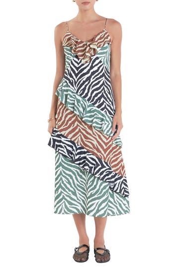 English Factory Zebra Print Ruffle Slipdress In Brown Multi