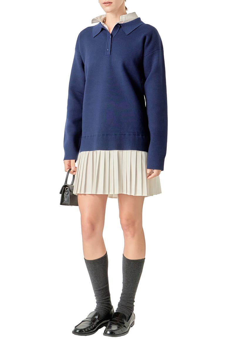 Long Sleeve Mixed Media Polo Minidress, Alternate, color, NAVY/ WHITE