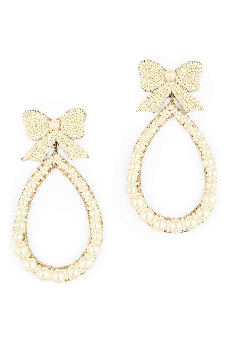 Darana Bow & Faux Pearl Drop Earrings, Main, color, IVORY