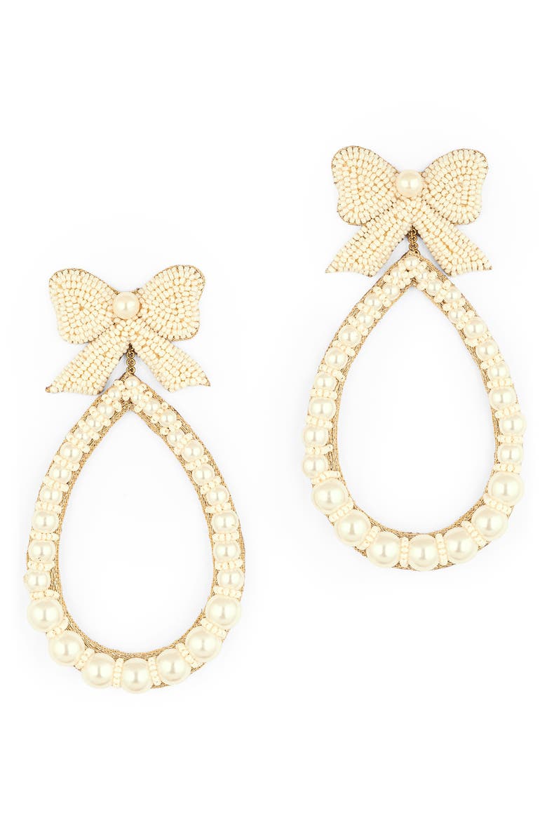 Deepa Gurnani Darana Bow & Faux Pearl Drop Earrings, Main, color, Ivory