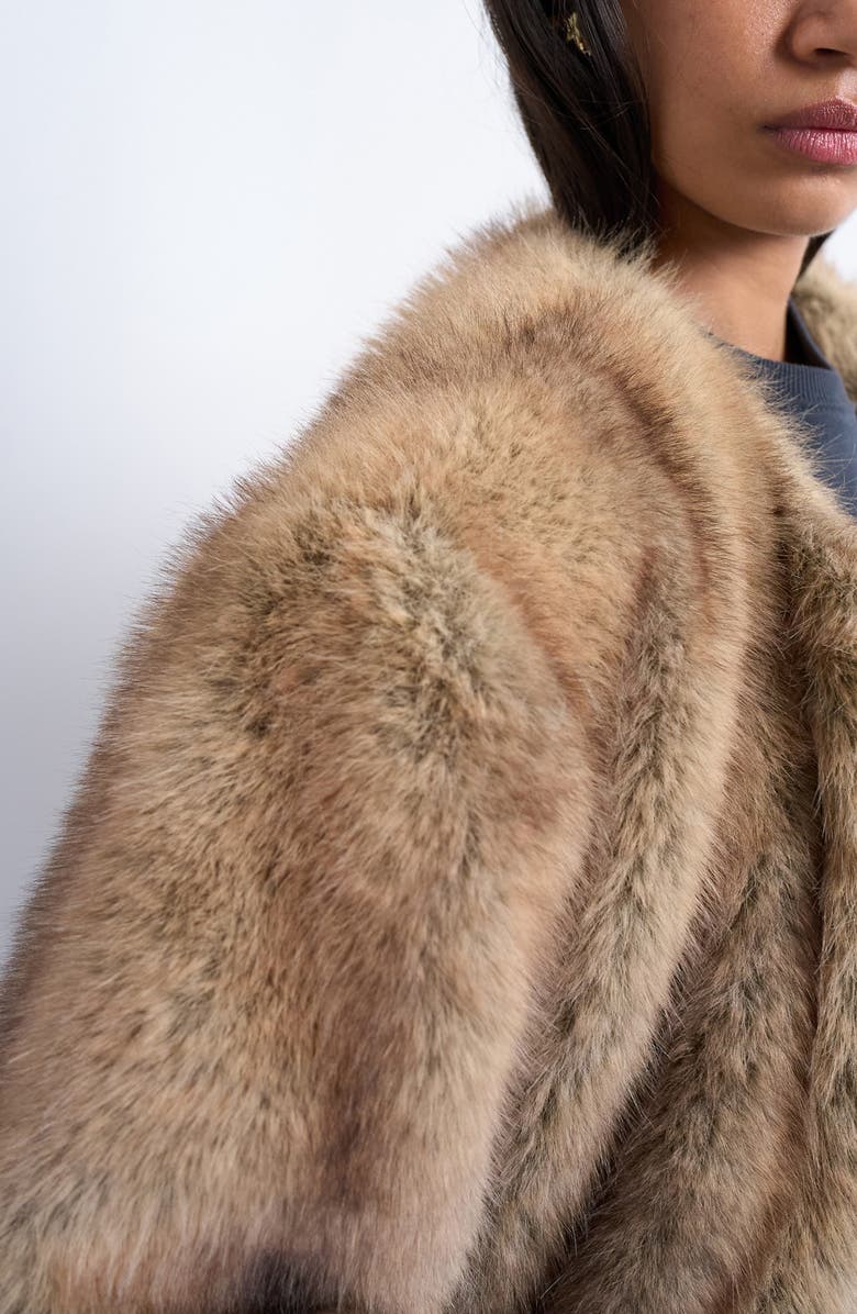 Topshop Collarless Faux Fur Long Coat, Alternate, color, Beige