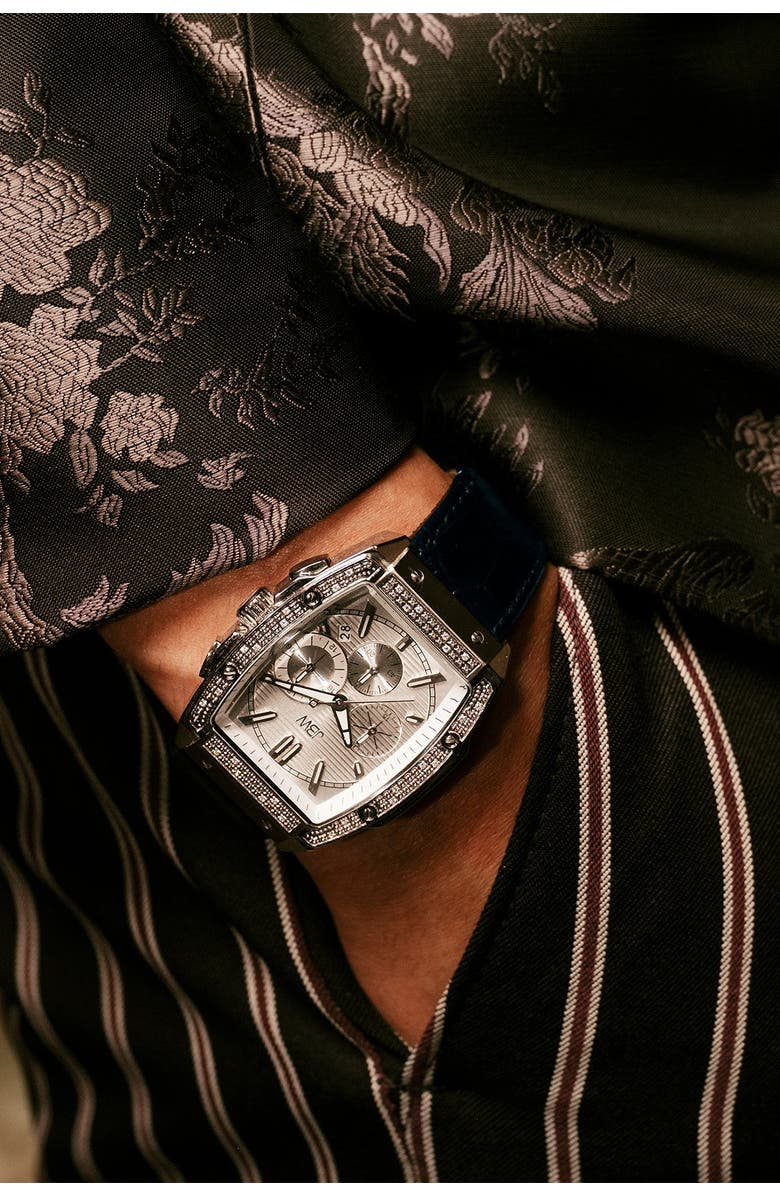 JBW Men's Echelon Diamond Chronograph Croc Embossed Leather Strap Watch, 41mm, Alternate, color, Silver