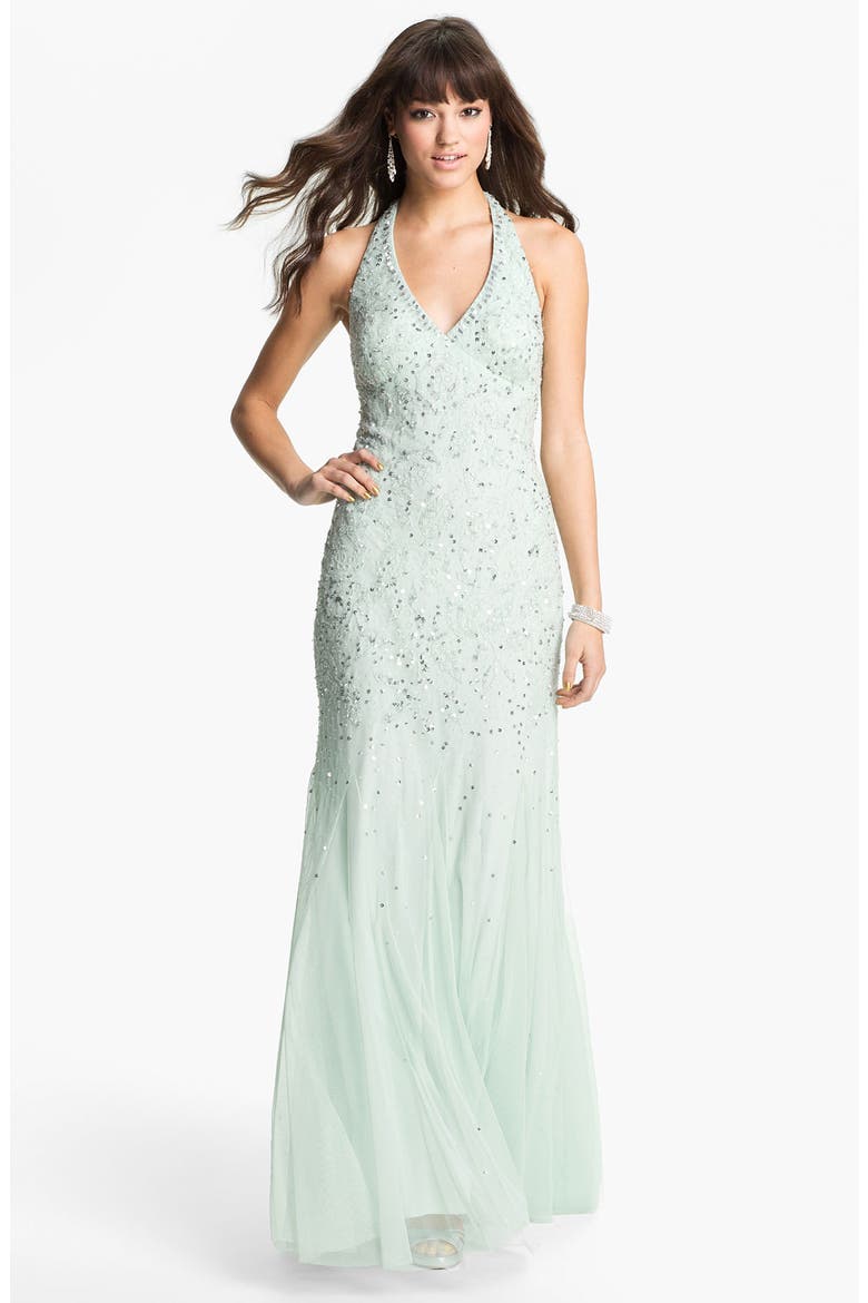 Beaded Mesh Halter Gown, Main, color, MIST