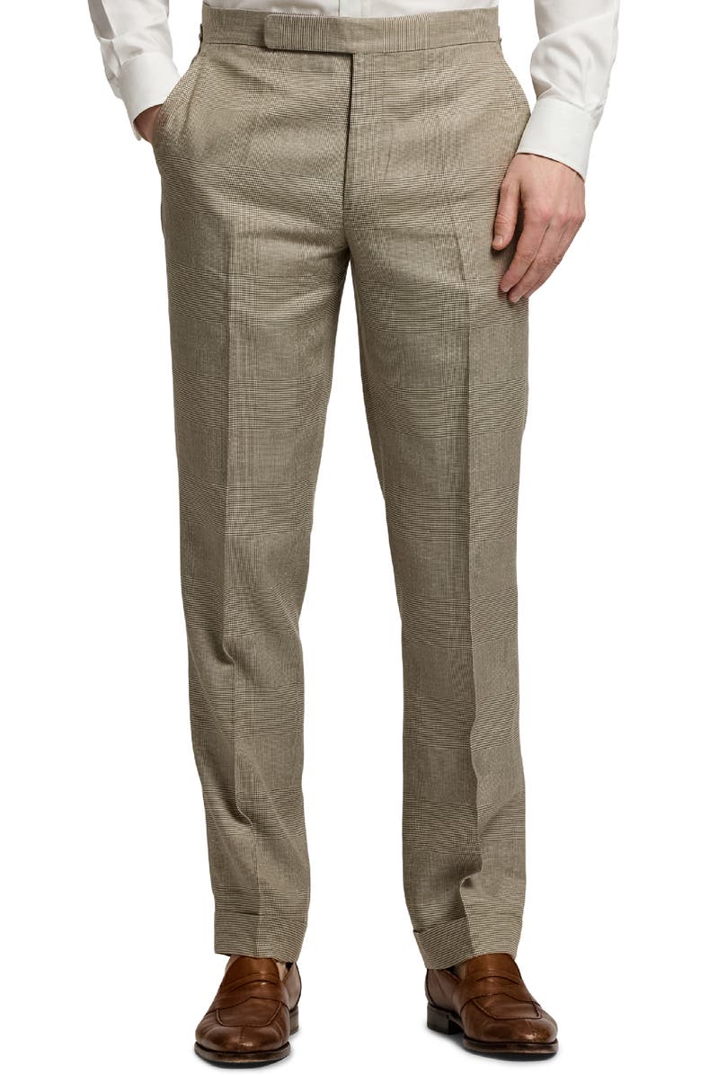 Ralph Lauren Purple Label Flat Front Glen Plaid Linen & Silk Dress Pants, Main, color, Summer Sand/ Truffle