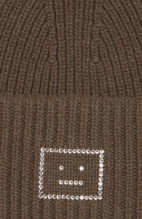 Acne Studios Pansy Crystal Face Wool Rib Beanie In Khaki Green
