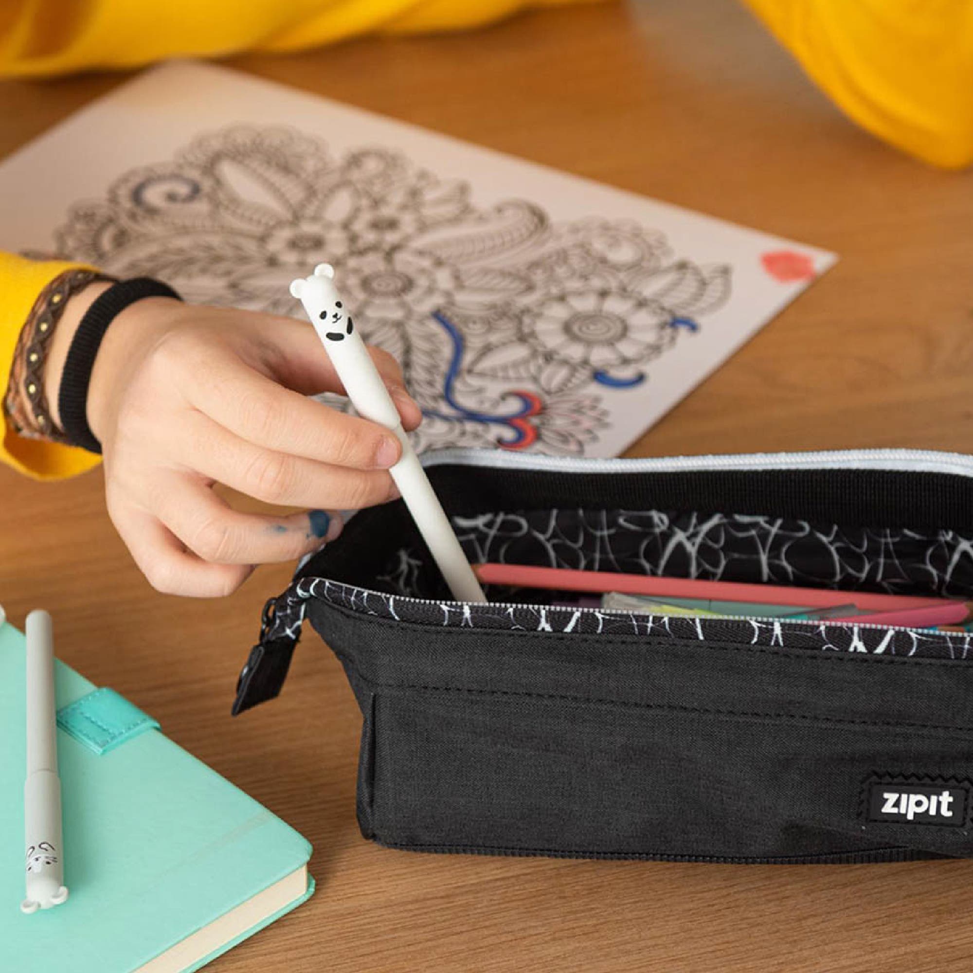 ZIPIT Lenny Pencil Case, Black & White, Large Storage Capacity Zipper Pouch, Alternate, color, Black