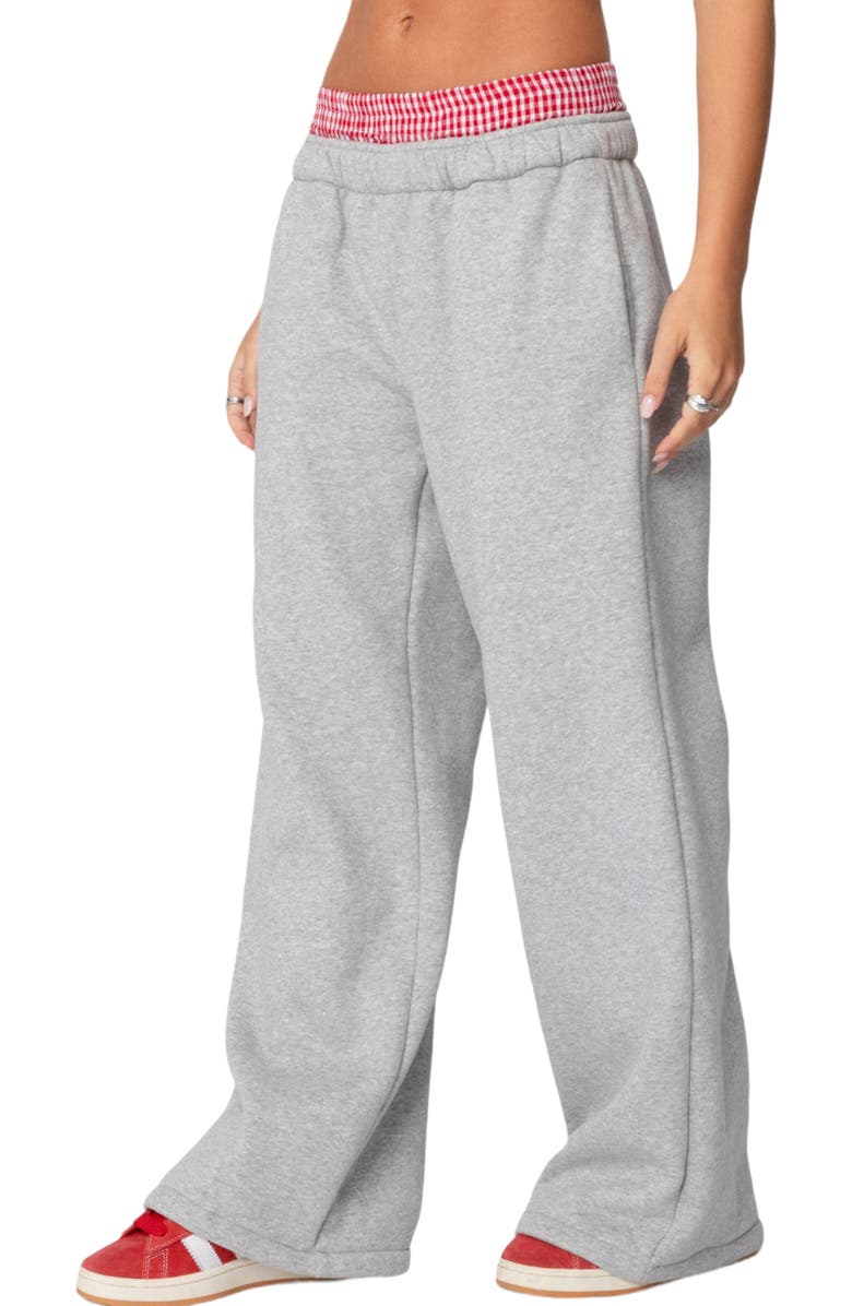 EDIKTED Gingham Waist Wide Leg Sweatpants, Alternate, color, Gray