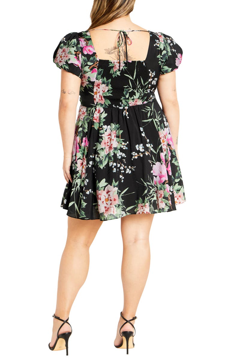 City Chic Marci Pleated Bodice Floral Print Tie Back Dress, Alternate, color, Black Sweet Blossom