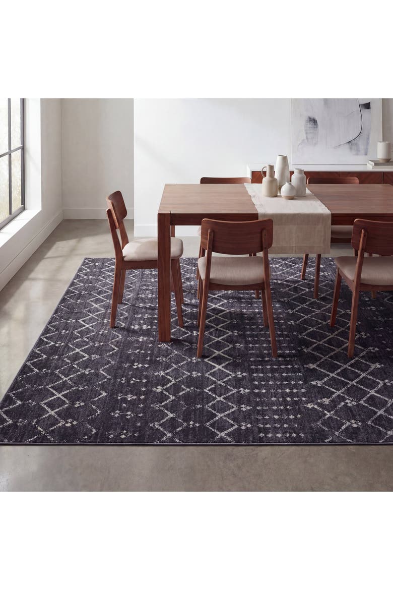 Leila Moroccan Diamond Trellis Non-Slip Machine-Washable Area Rug, Main, color, Dark Gray/Ivory