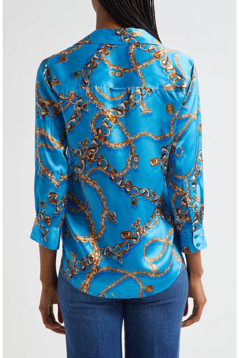 Dani Chain Print Three-Quarter Sleeve Silk Button-Up Shirt, Alternate, color, DRESDEN BLUE/ GOLD CHAIN
