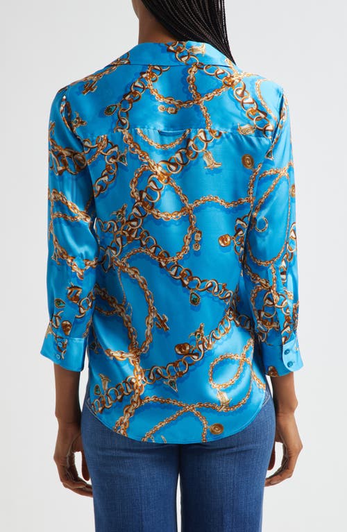 L Agence L'agence Dani Chain Print Three-quarter Sleeve Silk Button-up Shirt In Blue