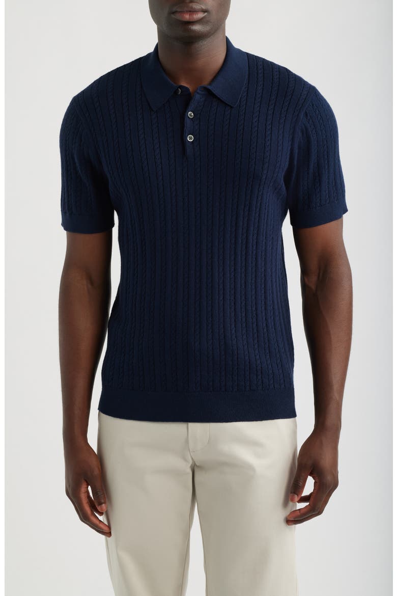 Cabled Cotton & Cashmere Polo Sweater, Main, color, NAVY NIGHT