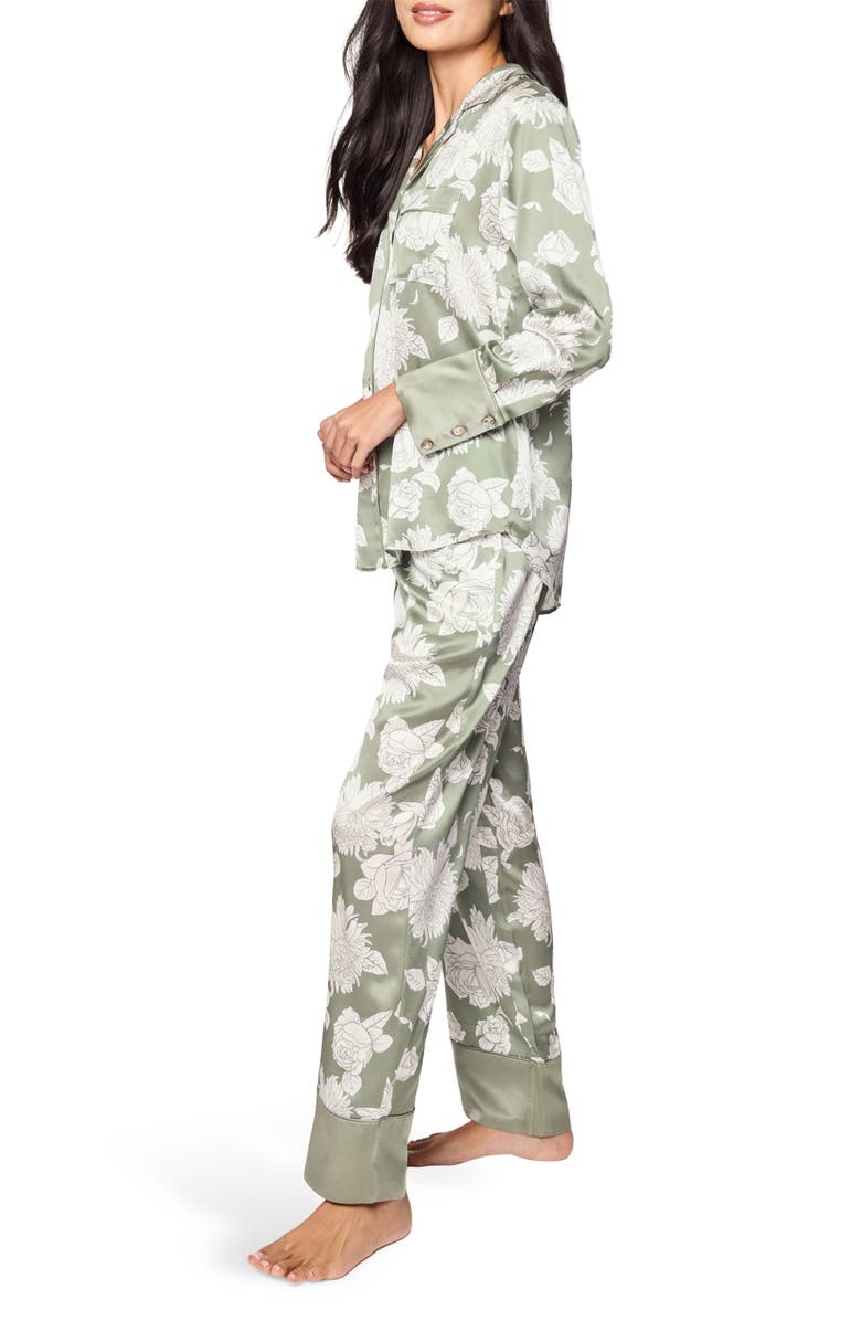 Petite Plume Print Mulberry Silk Pajamas, Alternate, color, Green