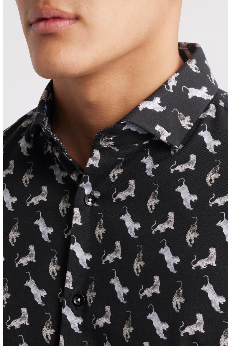 Tiger Print Short Sleeve Button-Up Shirt, Alternate, color, BLACK