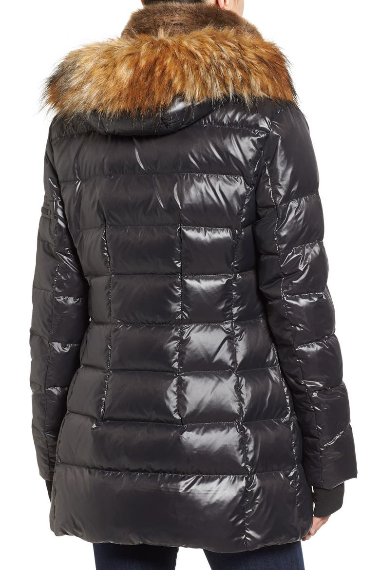 'Chelsea' Gloss Down Jacket with Removable Hood and Faux Fur Trim, Alternate, color, JET