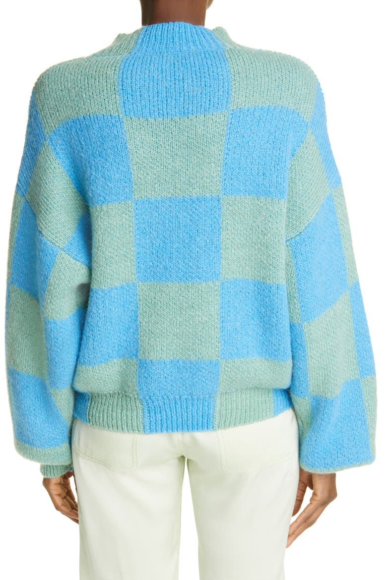 Adonis Checkerboard Balloon Sleeve Sweater, Alternate, color, AQUA