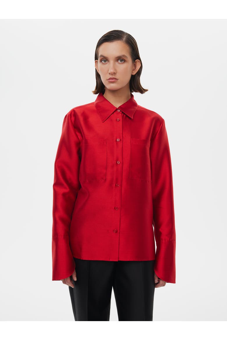 Silk-Wool Blend Fitted Shirt, Main, color, Peonie Red