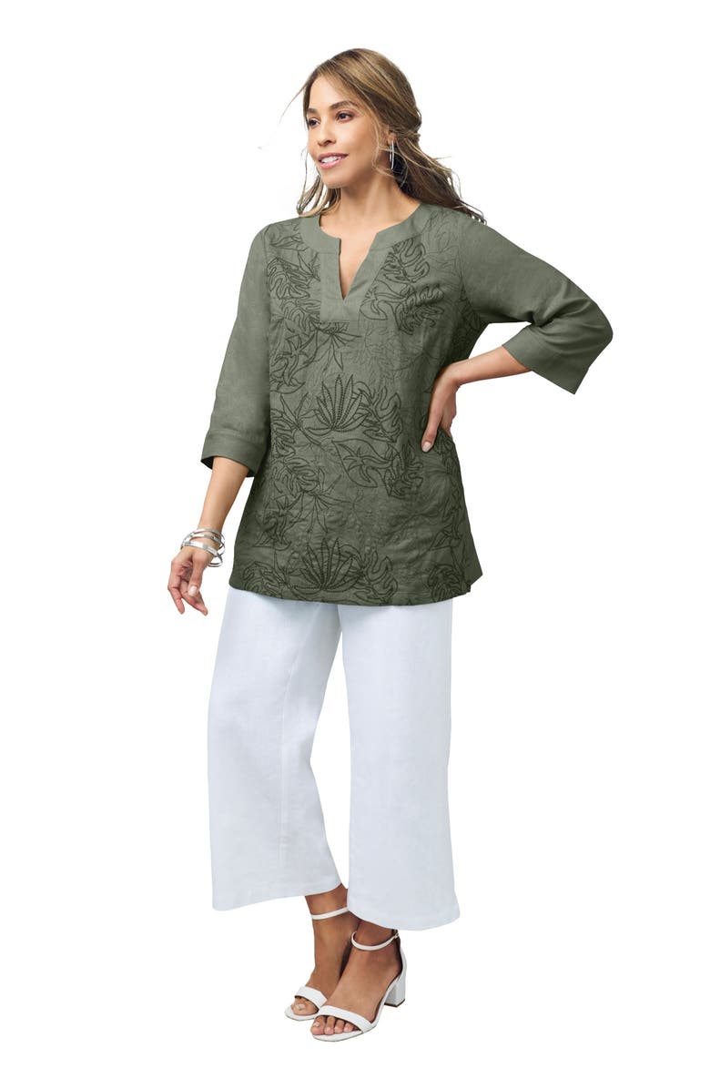 Jessica London Linen V-Neck Embroidered Tunic, Main, color, Olive Green Leaf Embroidery