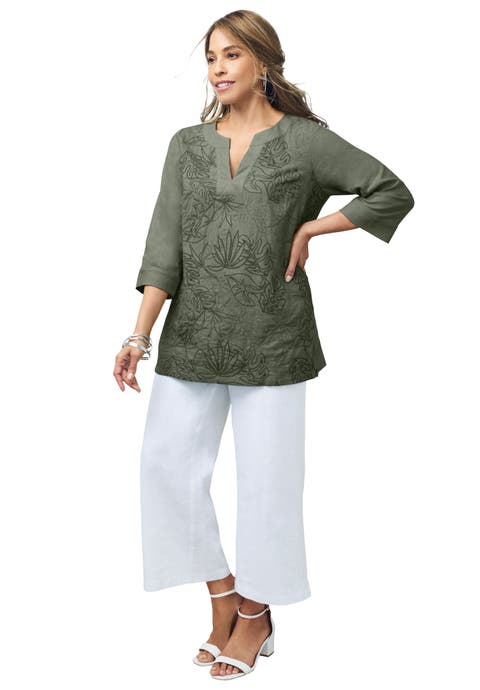 Linen V-Neck Embroidered Tunic (Plus)