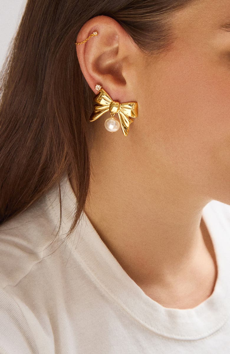 BaubleBar Faux Pearl Bow Drop Earrings, Alternate, color, Gold