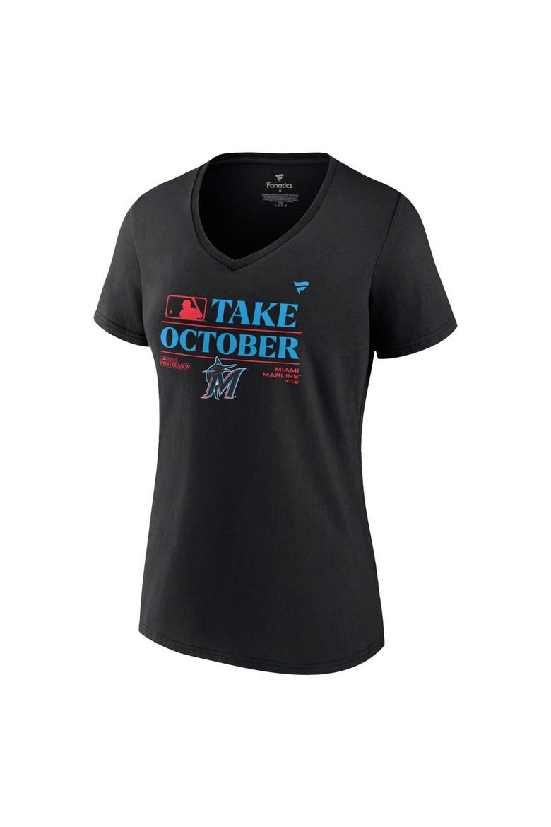 Women's Fanatics Branded  Black Miami Marlins 2023 Postseason Locker Room V-Neck T-Shirt, Alternate, color, Black