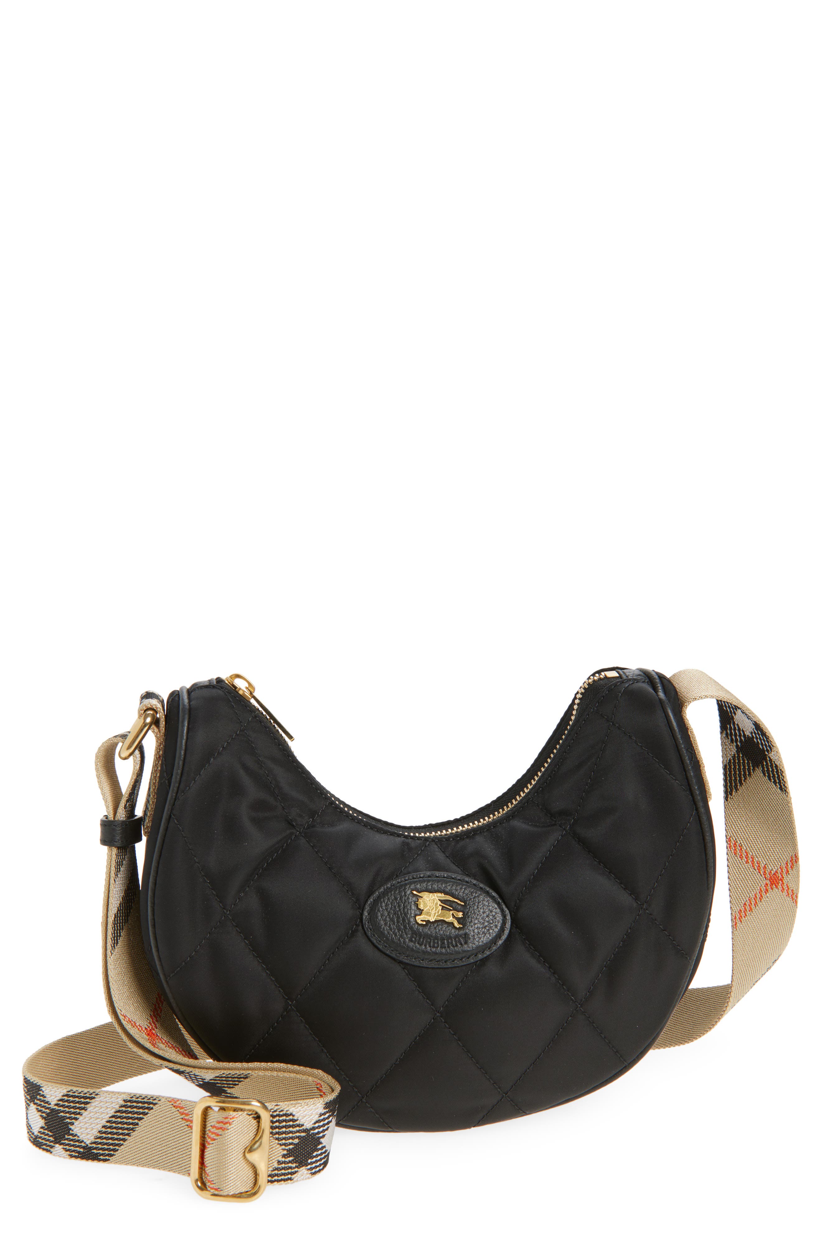 Burberry Horseshoe Quilted Nylon Crossbody Bag, Main, color, Black