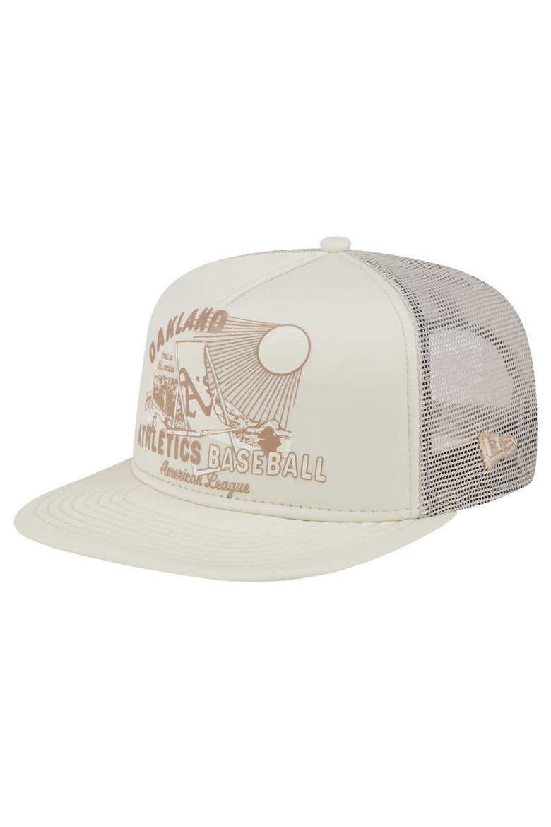 Men's New Era Khaki Oakland Athletics Almost Friday A-Frame 9FIFTY Trucker Snapback Hat, Main, color, Khaki