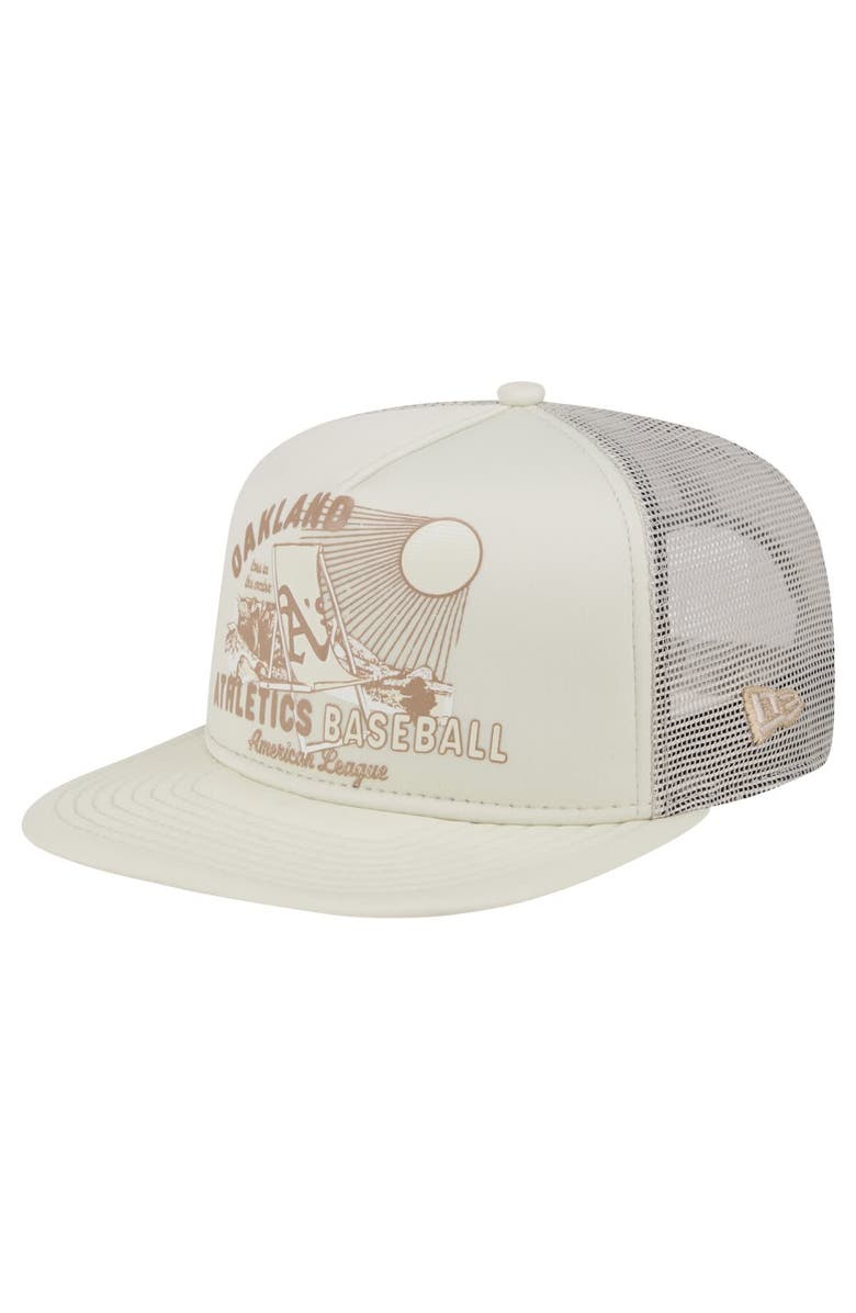 New Era Men's New Era Khaki Oakland Athletics Almost Friday A-Frame 9FIFTY Trucker Snapback Hat, Main, color,
