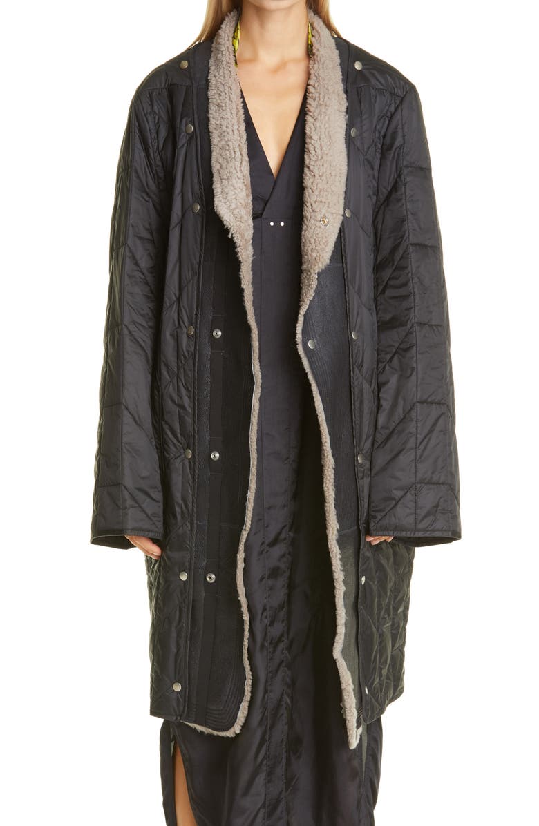 Rick Owens Quilted Coat with Removable Leather & Genuine Shearling Trim, Main, color,