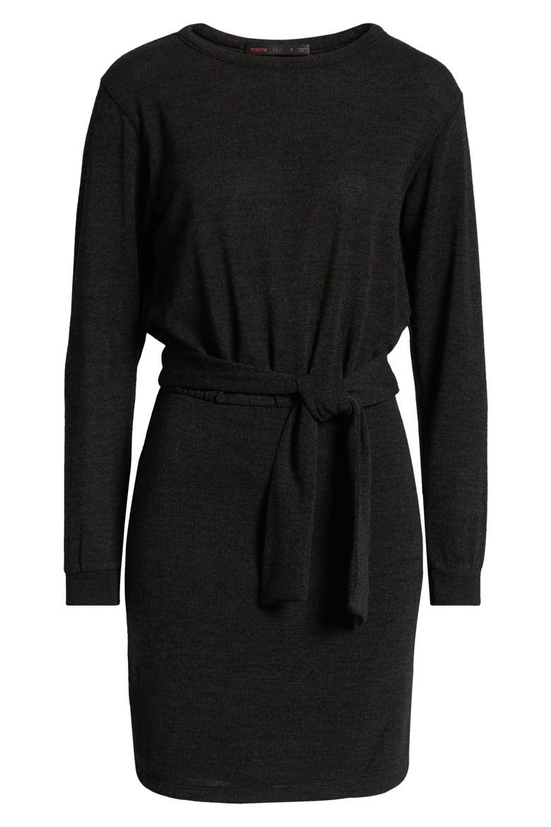 Tie Front Long Sleeve Sweater Dress, Alternate, color, BLACK