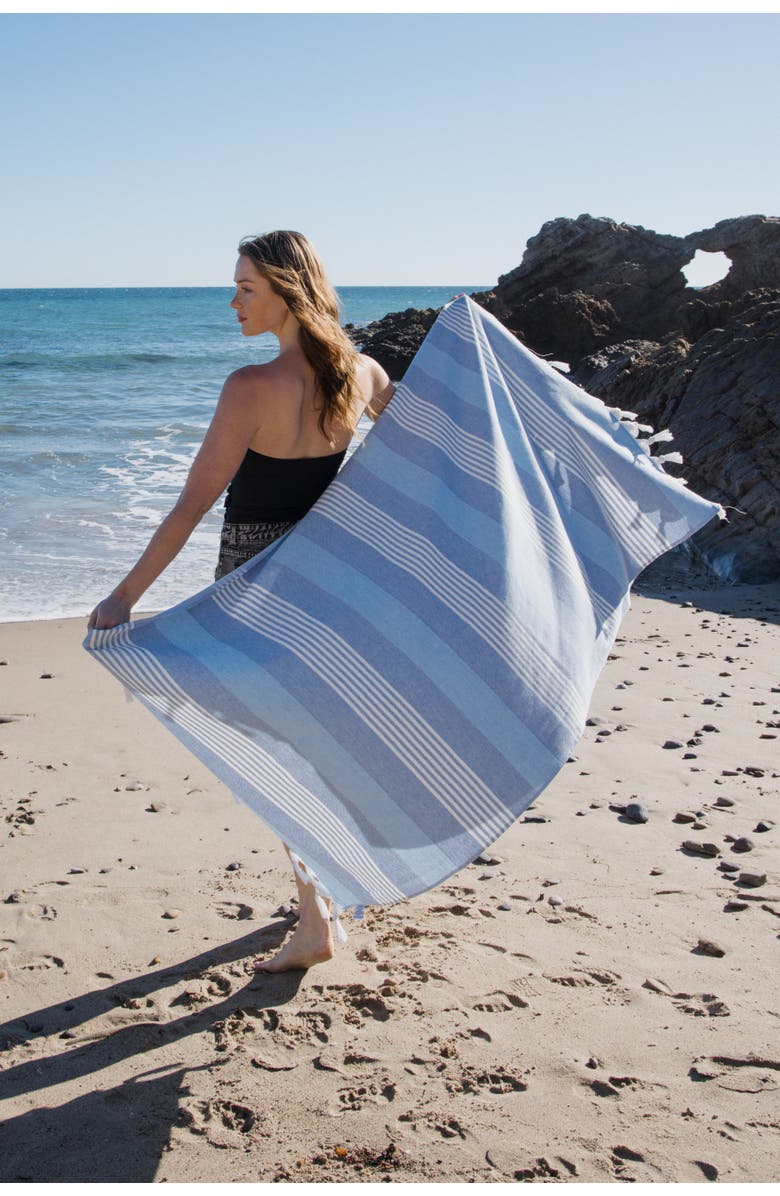 InfuseZen Breeze Striped Organic Turkish Towel with Soft Terry Cloth Back, Alternate, color, Blue