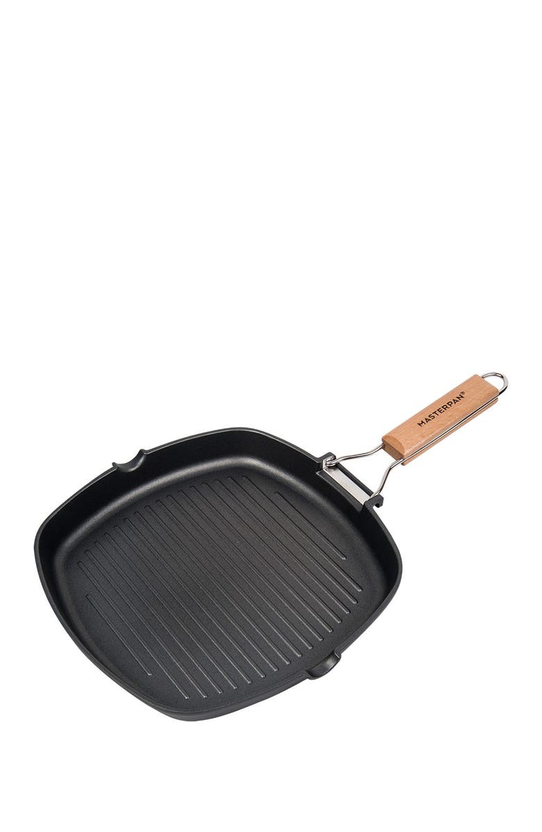 MASTERPAN Black Non-Stick 8" Grill Pan with Folding Wooden Handle, Alternate, color,