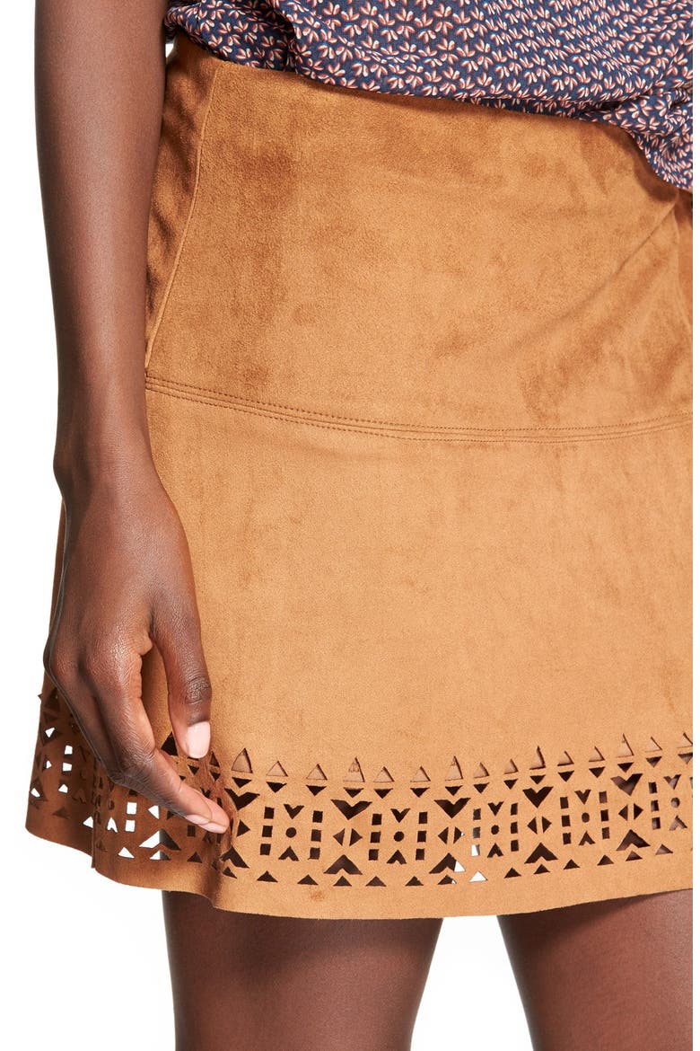 Laser Cut Faux Suede Skirt, Alternate, color, TAN