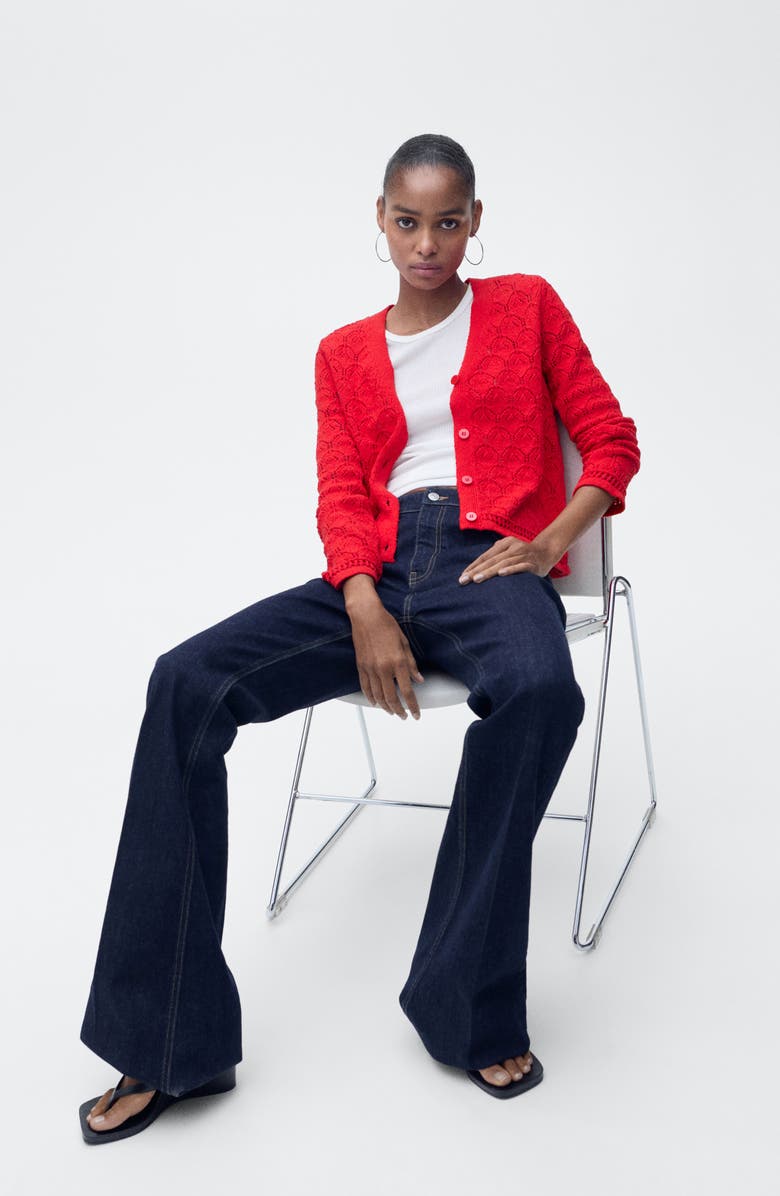 MANGO Pointelle Stitch Cotton Blend Cardigan, Alternate, color, Red