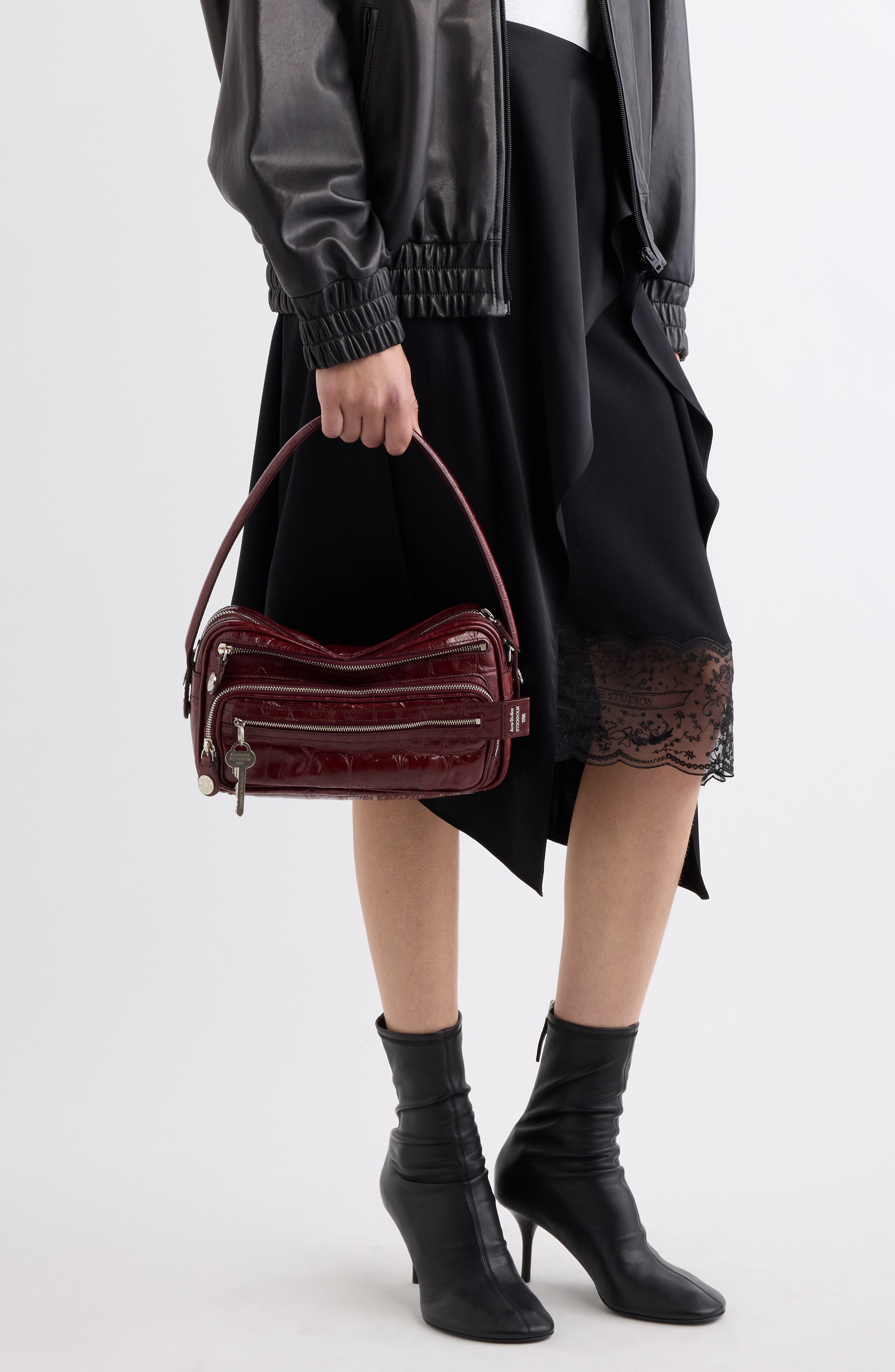 Acne Studios Camero Party Croc Embossed Leather Shoulder Bag, Alternate, color, Burgundy