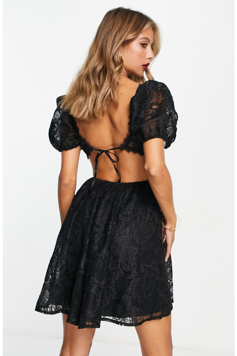 Cupped Puff Sleeve Lace Fit & Flare Dress, Alternate, color, BLACK